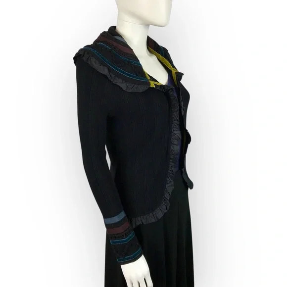 Etro Black & Teal Ruffled Cardigan Soft Angora Lace & Ribbon Detail M/44/8 - Picture 6 of 12